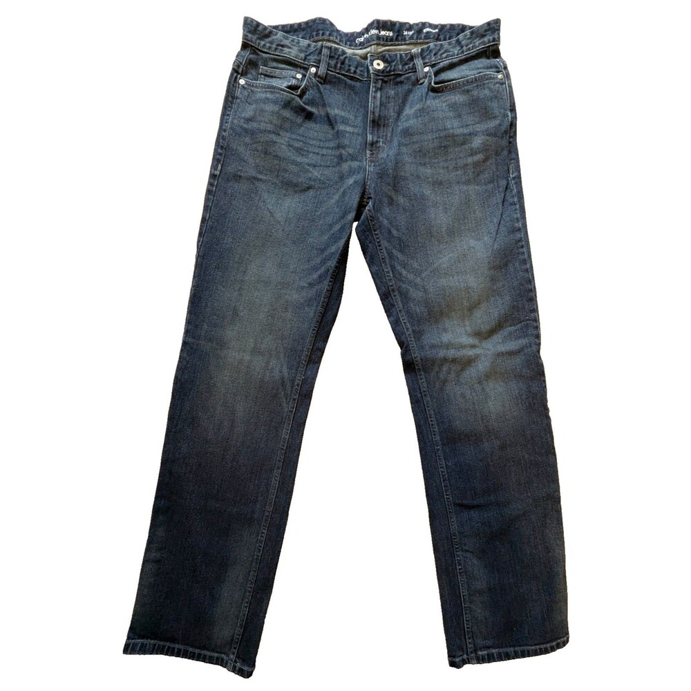 Calvin Klein Jeans Men's 36x34 Straight Fit Dark Indigo Blue Stretch Denim